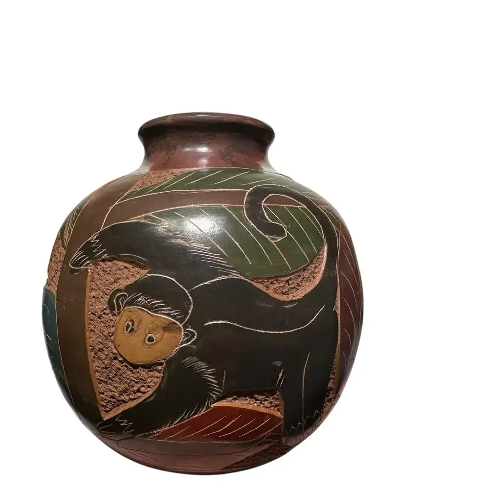 Nicaraguan Art Pottery Vase Hand Carved Monkey Butterfly